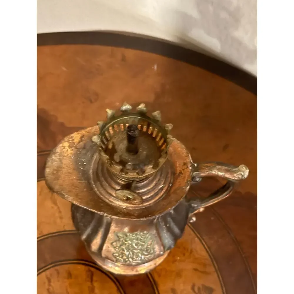 Vintage Miniature Copper Oil Lamp Pitcher Base Ruffled Glass Chimney Hong Kong